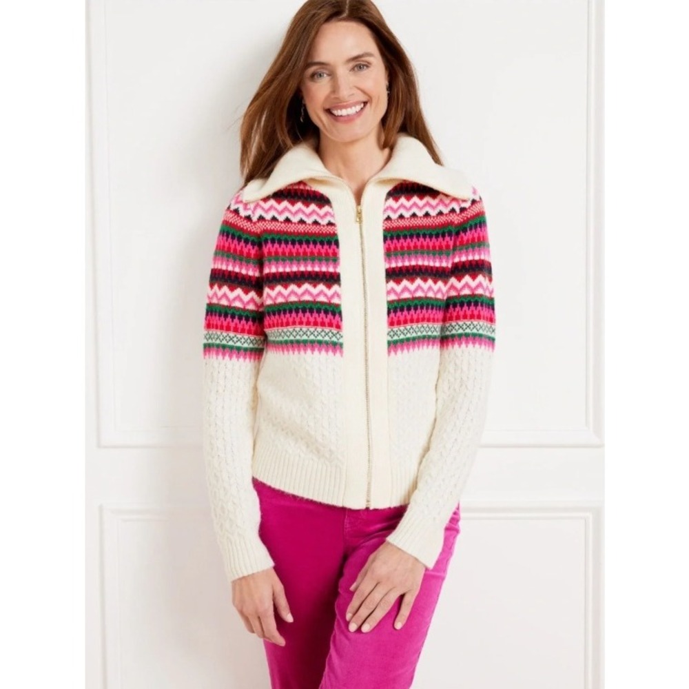 Talbots Womens Joyful Fair Isle Full Zip Cardigan Sweater Pink Cream Large